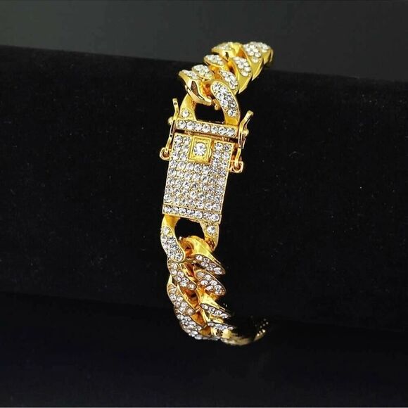 18K Gold Plated and Crystal Cuban Link Bracelet - Picture 1 of 9